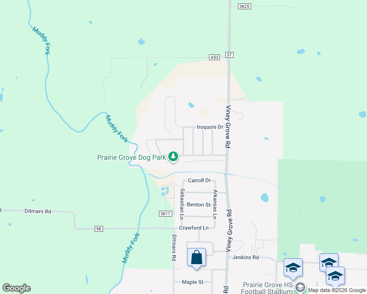 map of restaurants, bars, coffee shops, grocery stores, and more near 891 Bonnie Scotland Drive in Prairie Grove
