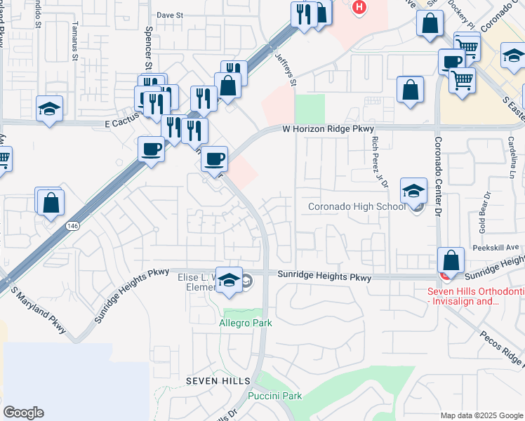 map of restaurants, bars, coffee shops, grocery stores, and more near 950 Seven Hills Drive in Henderson