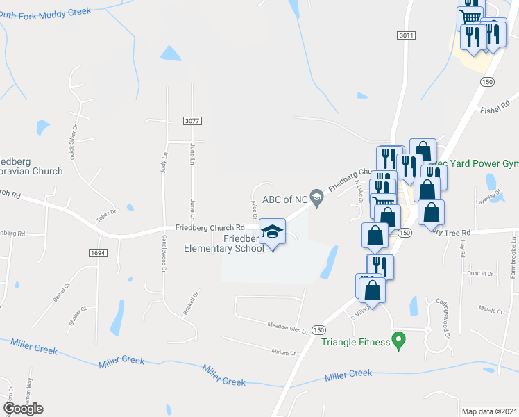 map of restaurants, bars, coffee shops, grocery stores, and more near 158 Alice Court in Winston-Salem