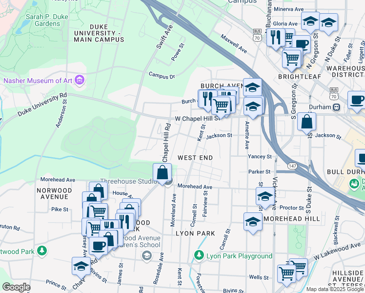 map of restaurants, bars, coffee shops, grocery stores, and more near 810 Gerard Street in Durham