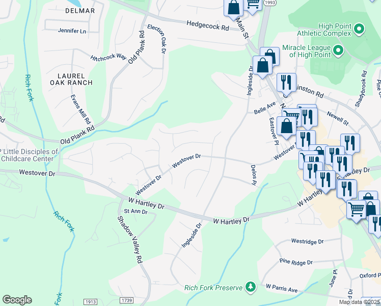 map of restaurants, bars, coffee shops, grocery stores, and more near 600 Westover Drive in High Point