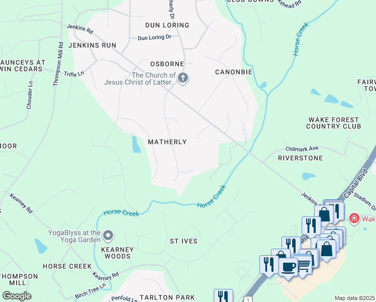 map of restaurants, bars, coffee shops, grocery stores, and more near 2808 Prather Pl in Wake Forest