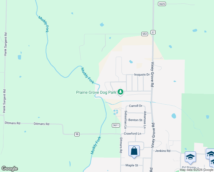 map of restaurants, bars, coffee shops, grocery stores, and more near 1001 Bonnie Scotland Drive in Prairie Grove