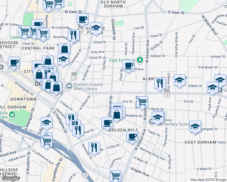 map of restaurants, bars, coffee shops, grocery stores, and more near 603 Holloway Street in Durham