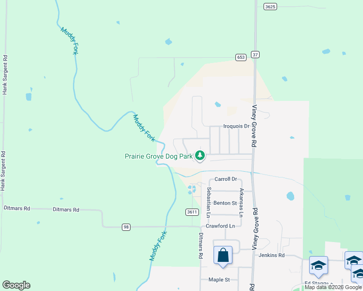 map of restaurants, bars, coffee shops, grocery stores, and more near 1001 Bonnie Scotland Drive in Prairie Grove