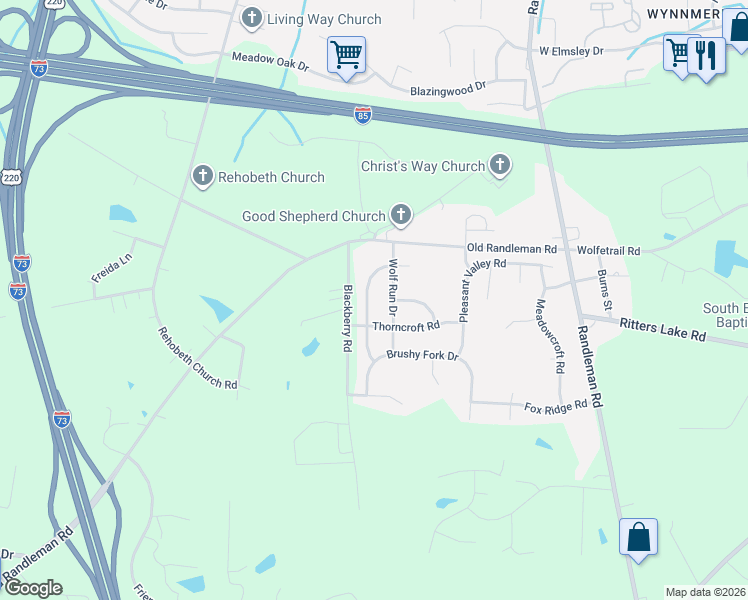 map of restaurants, bars, coffee shops, grocery stores, and more near 4432 Gray Wolf Way in Greensboro