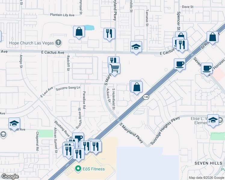 map of restaurants, bars, coffee shops, grocery stores, and more near 10735 South Holmfield Street in Henderson