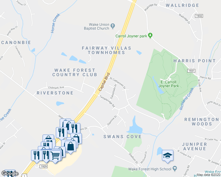 map of restaurants, bars, coffee shops, grocery stores, and more near 987 Kintail Court in Wake Forest