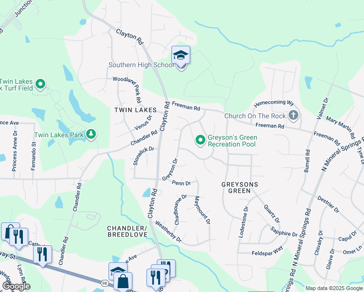 map of restaurants, bars, coffee shops, grocery stores, and more near 701 Grandview Drive in Durham