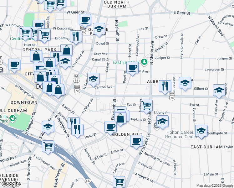 map of restaurants, bars, coffee shops, grocery stores, and more near 603 Holloway Street in Durham