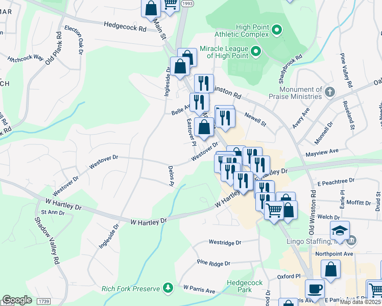 map of restaurants, bars, coffee shops, grocery stores, and more near 204 Jeremey Way in High Point