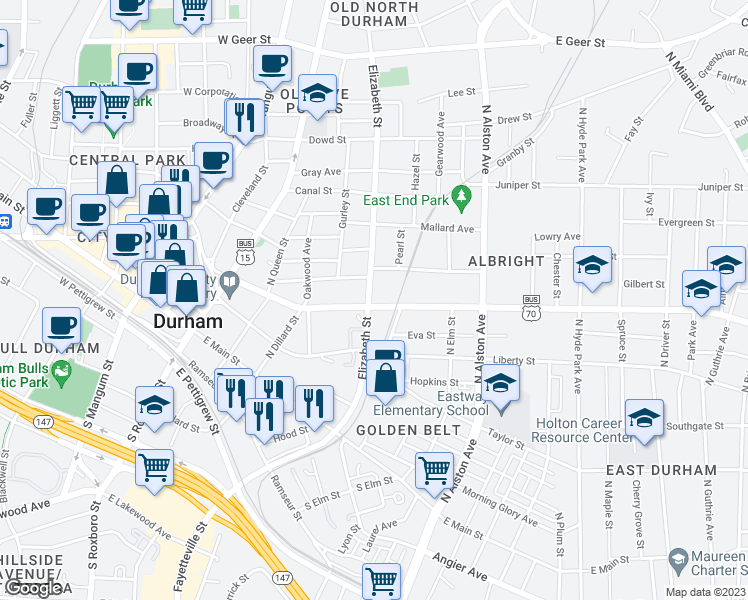 map of restaurants, bars, coffee shops, grocery stores, and more near 601 Holloway Street in Durham