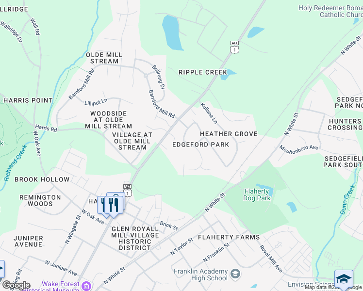 map of restaurants, bars, coffee shops, grocery stores, and more near 204 Rose Petal Run in Wake Forest
