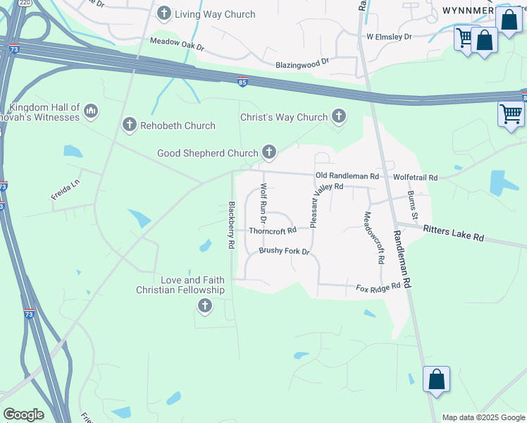 map of restaurants, bars, coffee shops, grocery stores, and more near 4404 Wolf Run Drive in Greensboro