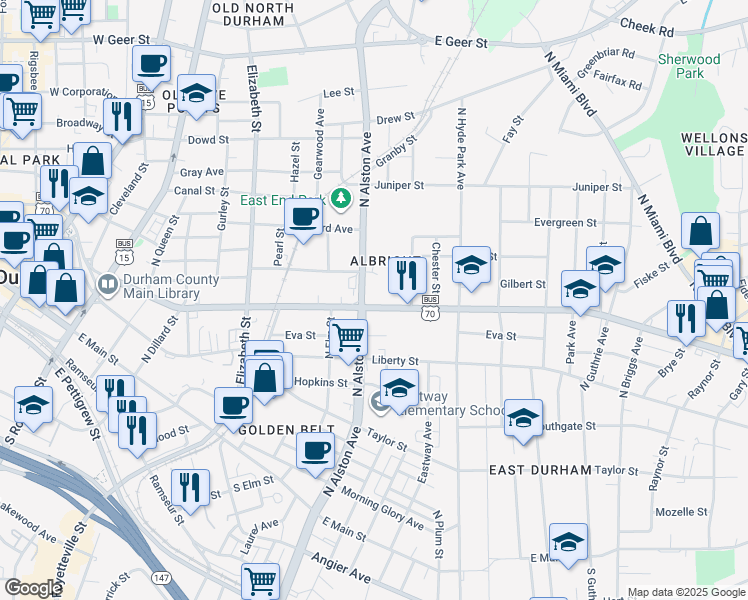 map of restaurants, bars, coffee shops, grocery stores, and more near in Durham