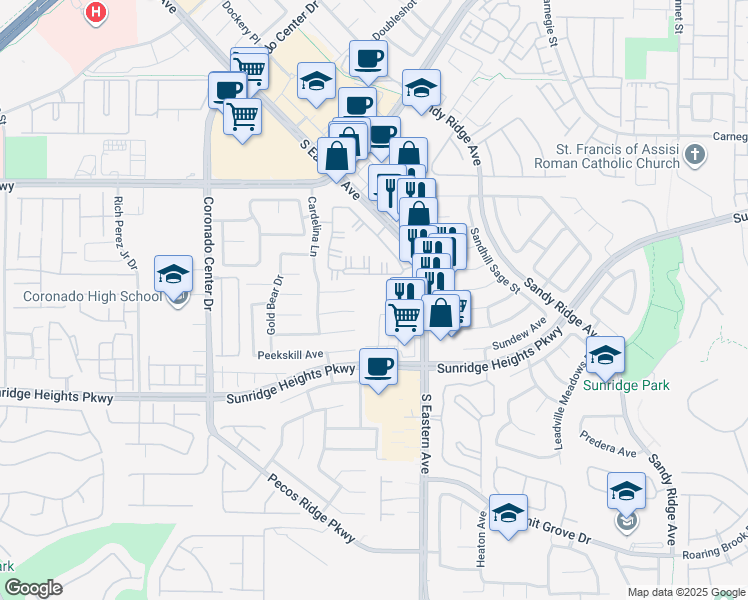 map of restaurants, bars, coffee shops, grocery stores, and more near 10817 South Eastern Avenue in Henderson