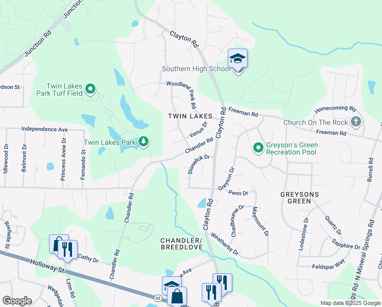 map of restaurants, bars, coffee shops, grocery stores, and more near 622 Chandler Road in Durham