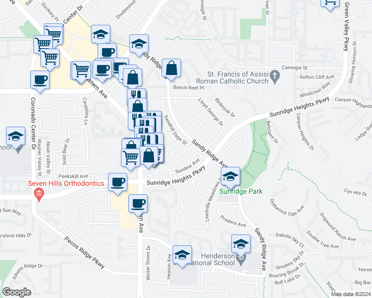 map of restaurants, bars, coffee shops, grocery stores, and more near 2551 Misty Olive Avenue in Henderson