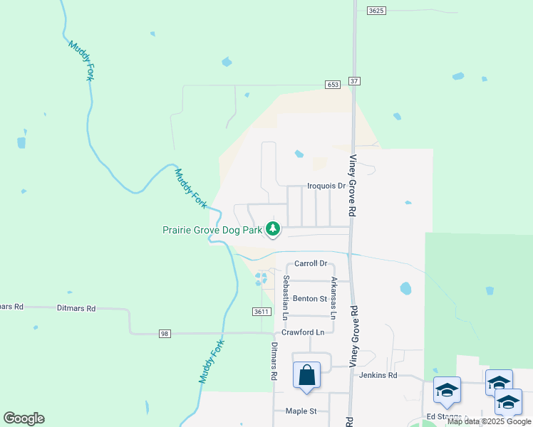 map of restaurants, bars, coffee shops, grocery stores, and more near 1630 Omaha Drive in Prairie Grove