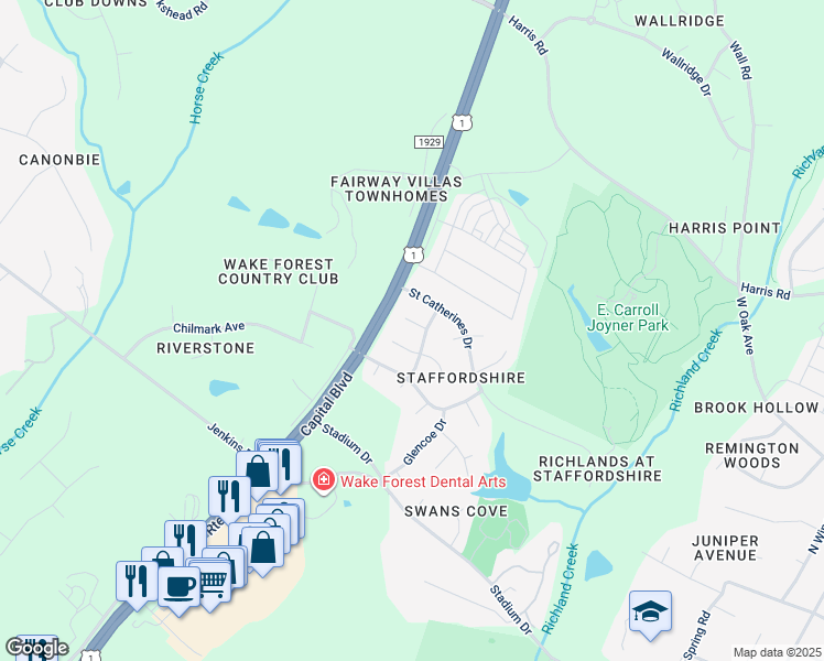 map of restaurants, bars, coffee shops, grocery stores, and more near 987 Kintail Court in Wake Forest