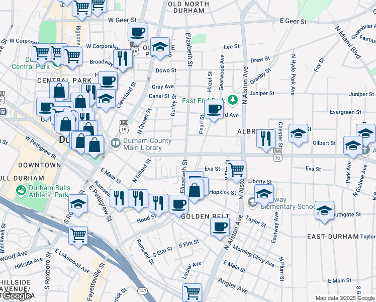 map of restaurants, bars, coffee shops, grocery stores, and more near 601 Holloway Street in Durham