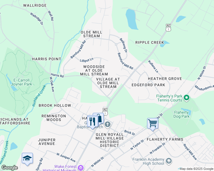 map of restaurants, bars, coffee shops, grocery stores, and more near 122 Crookham Court in Wake Forest