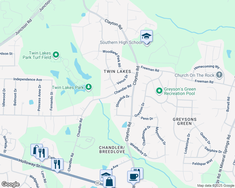 map of restaurants, bars, coffee shops, grocery stores, and more near 622 Chandler Road in Durham
