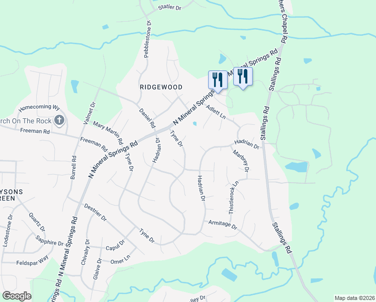 map of restaurants, bars, coffee shops, grocery stores, and more near 4918 Tyne Drive in Durham