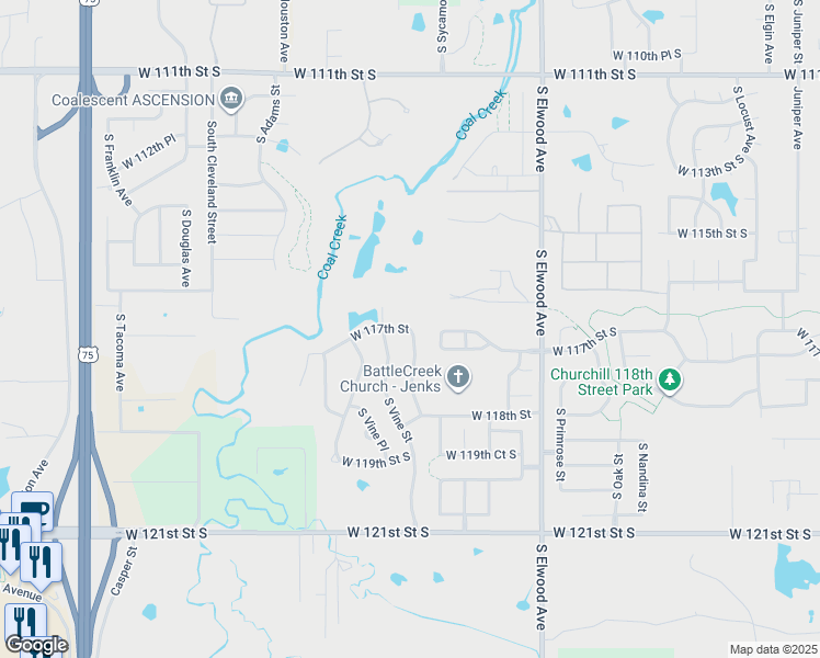 map of restaurants, bars, coffee shops, grocery stores, and more near 1308 West 117th Street in Jenks