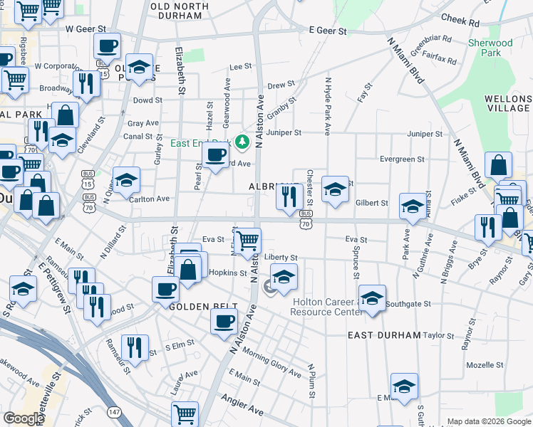 map of restaurants, bars, coffee shops, grocery stores, and more near in Durham