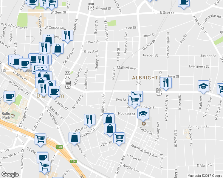 map of restaurants, bars, coffee shops, grocery stores, and more near 708 Gilbert Street in Durham