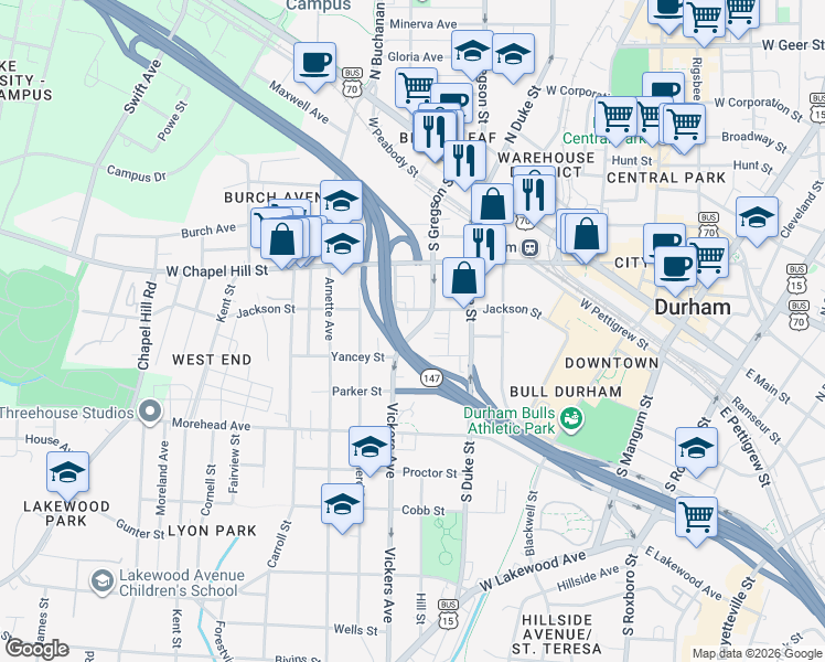 map of restaurants, bars, coffee shops, grocery stores, and more near 605 Jackson Street in Durham