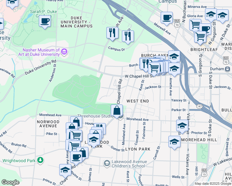map of restaurants, bars, coffee shops, grocery stores, and more near 6 Jackson Street in Durham