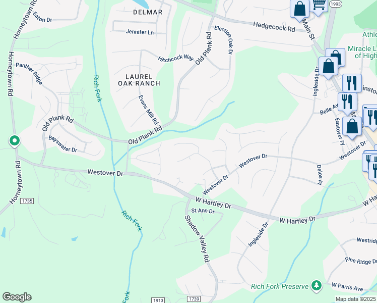 map of restaurants, bars, coffee shops, grocery stores, and more near 748 Forester Court in High Point
