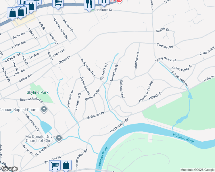 map of restaurants, bars, coffee shops, grocery stores, and more near 4701 Sunset Road West in Knoxville