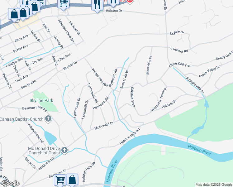 map of restaurants, bars, coffee shops, grocery stores, and more near 4701 Sunset Road West in Knoxville