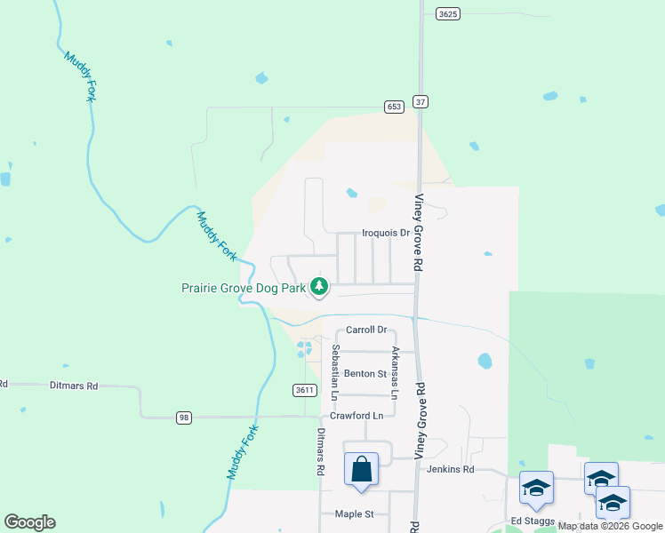 map of restaurants, bars, coffee shops, grocery stores, and more near 1630 Gallant Fox Lane in Prairie Grove