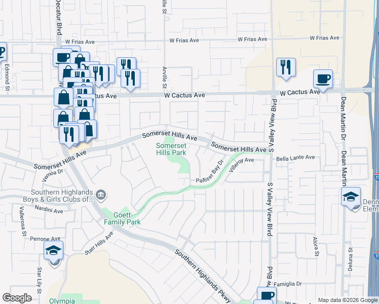 map of restaurants, bars, coffee shops, grocery stores, and more near 4306 Via Dana Avenue in Las Vegas