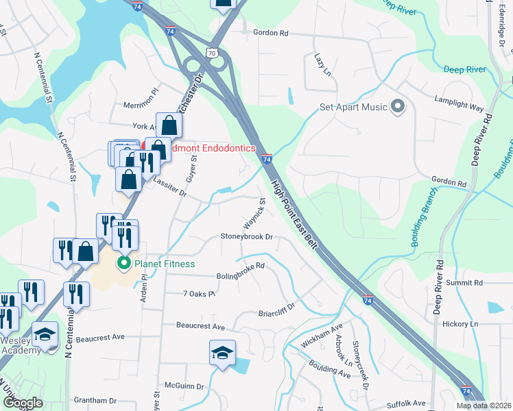 map of restaurants, bars, coffee shops, grocery stores, and more near 411 Lassiter Drive in High Point