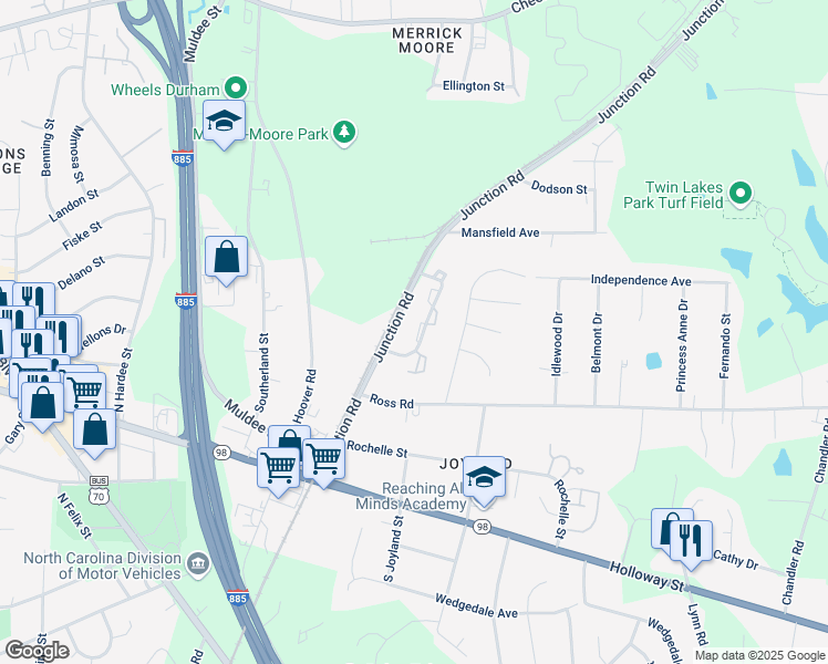 map of restaurants, bars, coffee shops, grocery stores, and more near 322 Junction Road in Durham