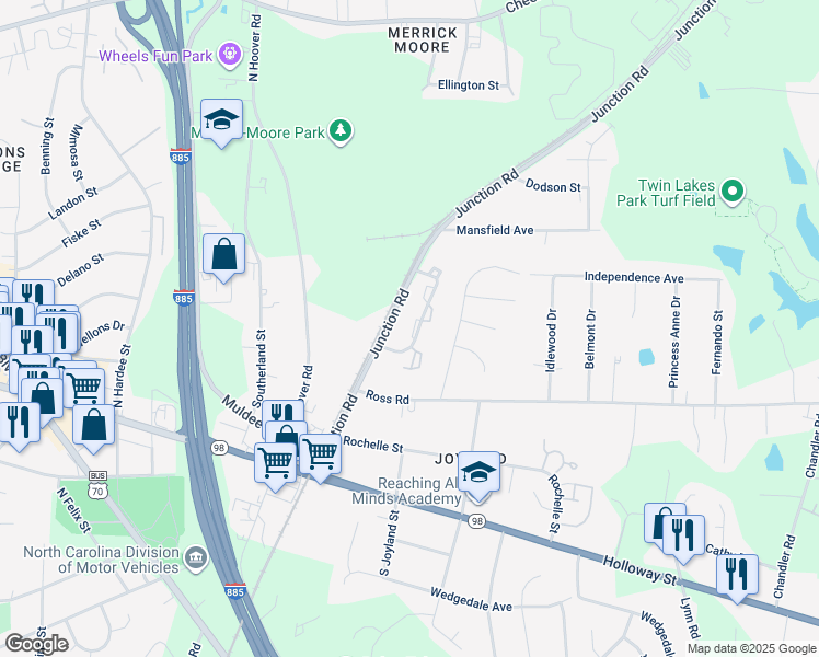 map of restaurants, bars, coffee shops, grocery stores, and more near 322 Junction Road in Durham