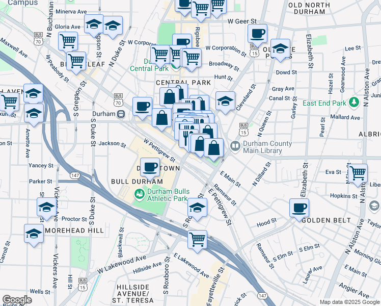 map of restaurants, bars, coffee shops, grocery stores, and more near in Durham