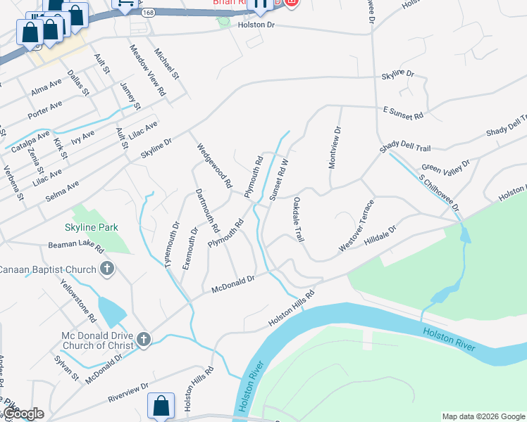 map of restaurants, bars, coffee shops, grocery stores, and more near 4701 Sunset Road West in Knoxville