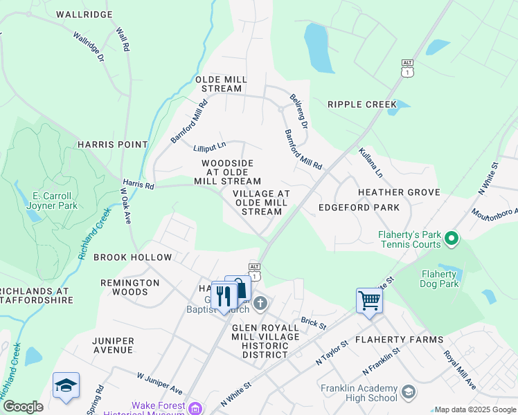 map of restaurants, bars, coffee shops, grocery stores, and more near 122 Crookham Court in Wake Forest