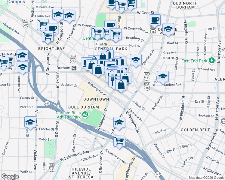 map of restaurants, bars, coffee shops, grocery stores, and more near 126 West Main Street in Durham