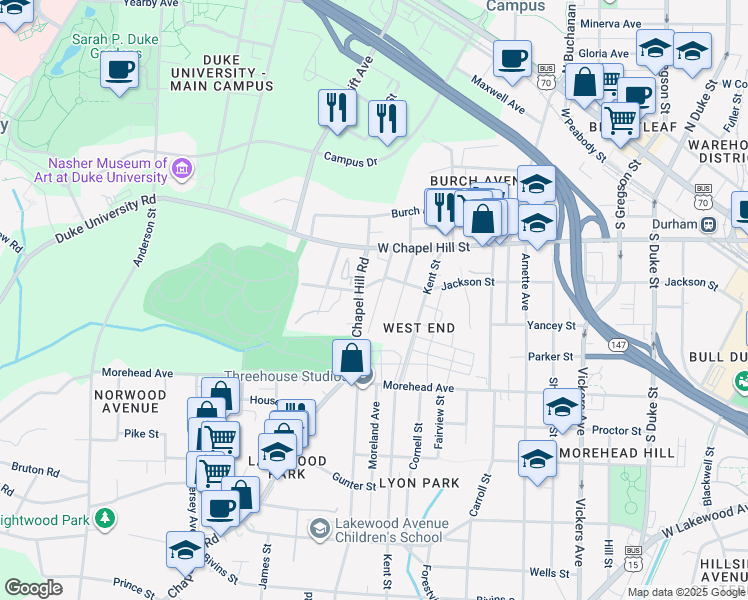 map of restaurants, bars, coffee shops, grocery stores, and more near 854 Estes Street in Durham