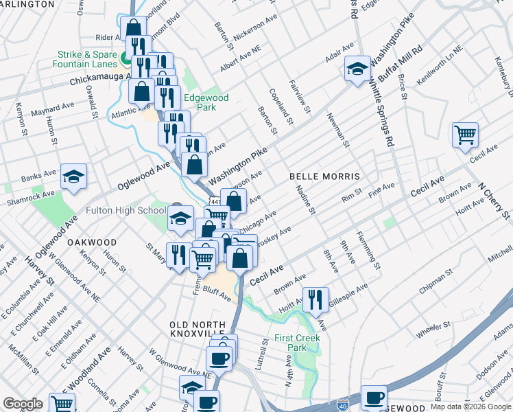 map of restaurants, bars, coffee shops, grocery stores, and more near 1512 Coker Avenue in Knoxville