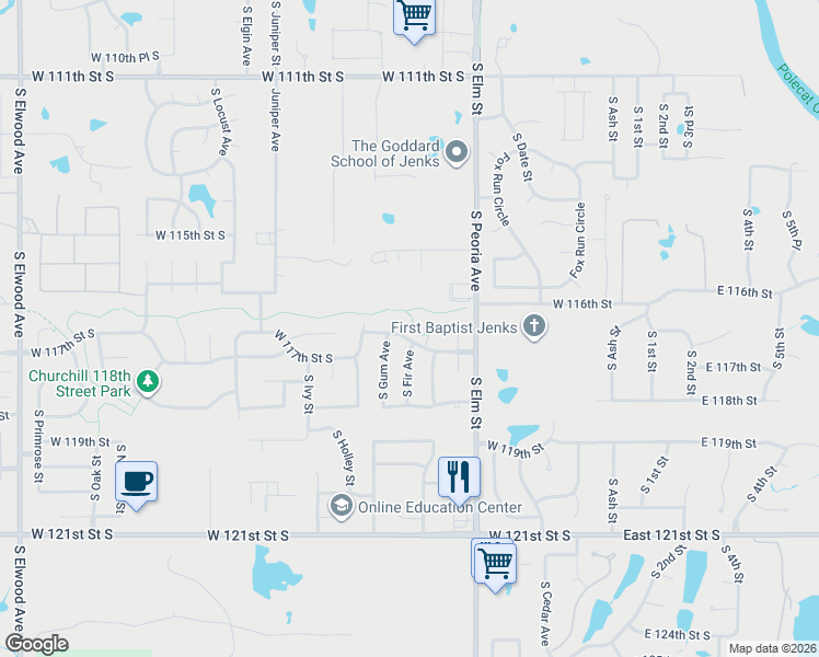 map of restaurants, bars, coffee shops, grocery stores, and more near 809 West 117th Street South in Jenks