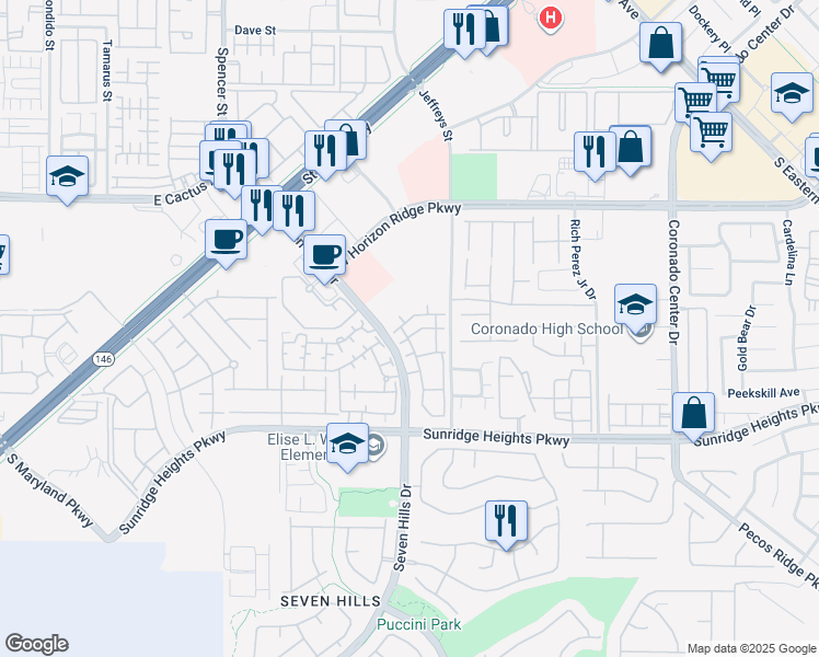 map of restaurants, bars, coffee shops, grocery stores, and more near 950 Seven Hills Drive in Henderson