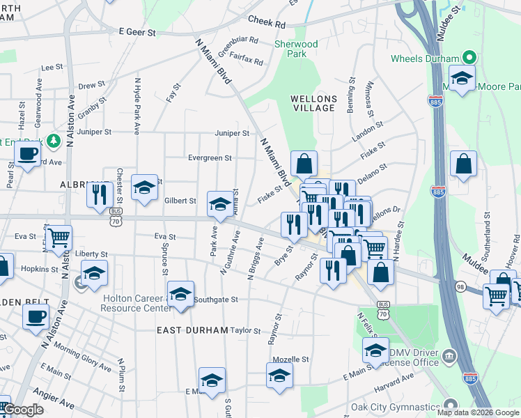 map of restaurants, bars, coffee shops, grocery stores, and more near 911 Fiske Street in Durham